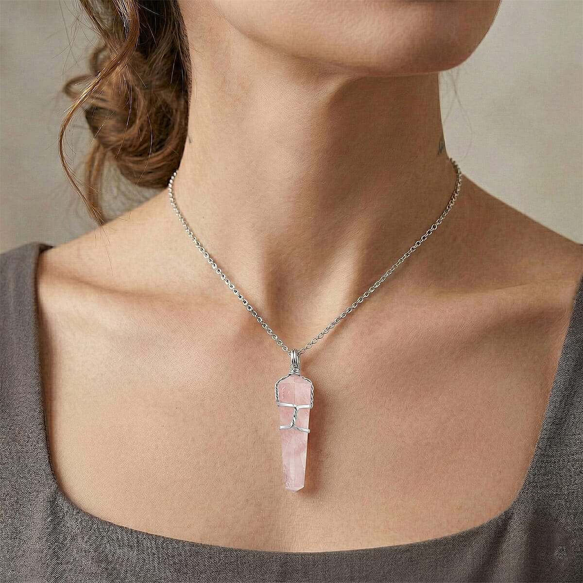 Galilea Rose Quartz 32.00 ctw Taper Point Pendant in Silvertone with Stainless Steel Necklace (20 Inches) image number 2