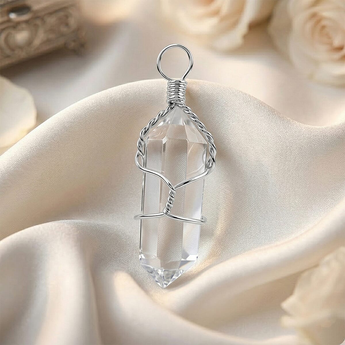 White Quartz 15.00 ctw Taper Point Pendant in Silvertone with Stainless Steel Necklace (20 Inches) image number 1