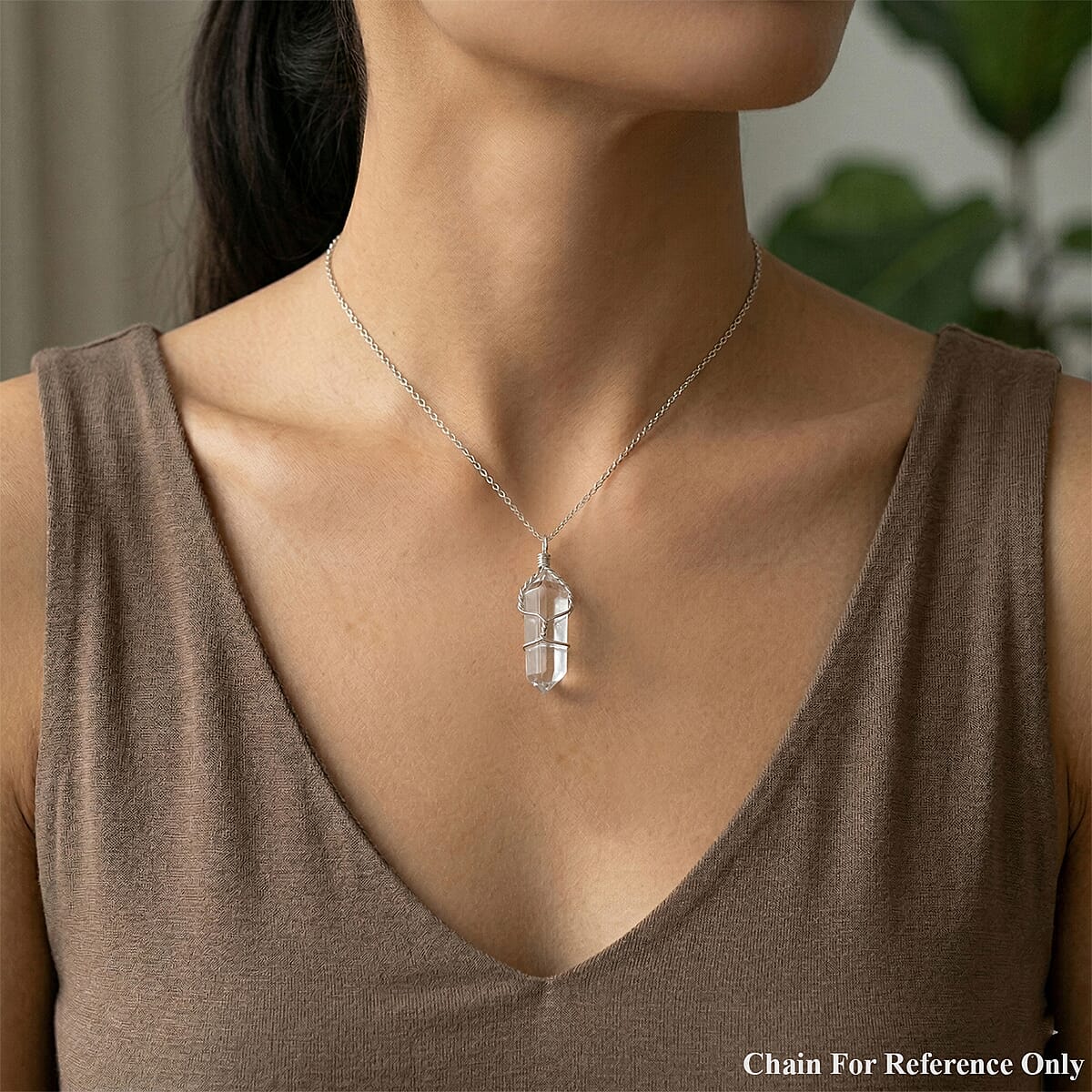 White Quartz 15.00 ctw Taper Point Pendant in Silvertone with Stainless Steel Necklace (20 Inches) image number 2