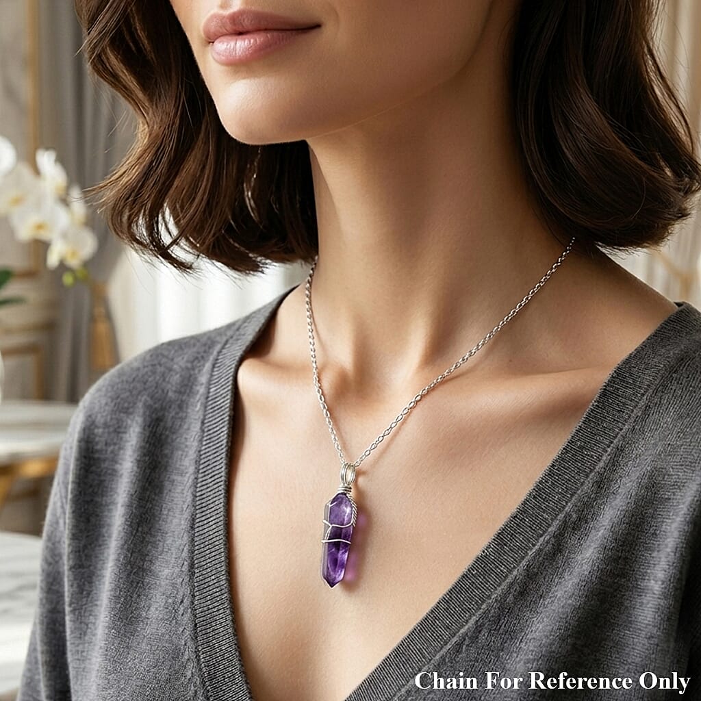 Amethyst Taper Point 15.00 ctw Pendant in Silvertone with Stainless Steel Necklace (20 Inches)