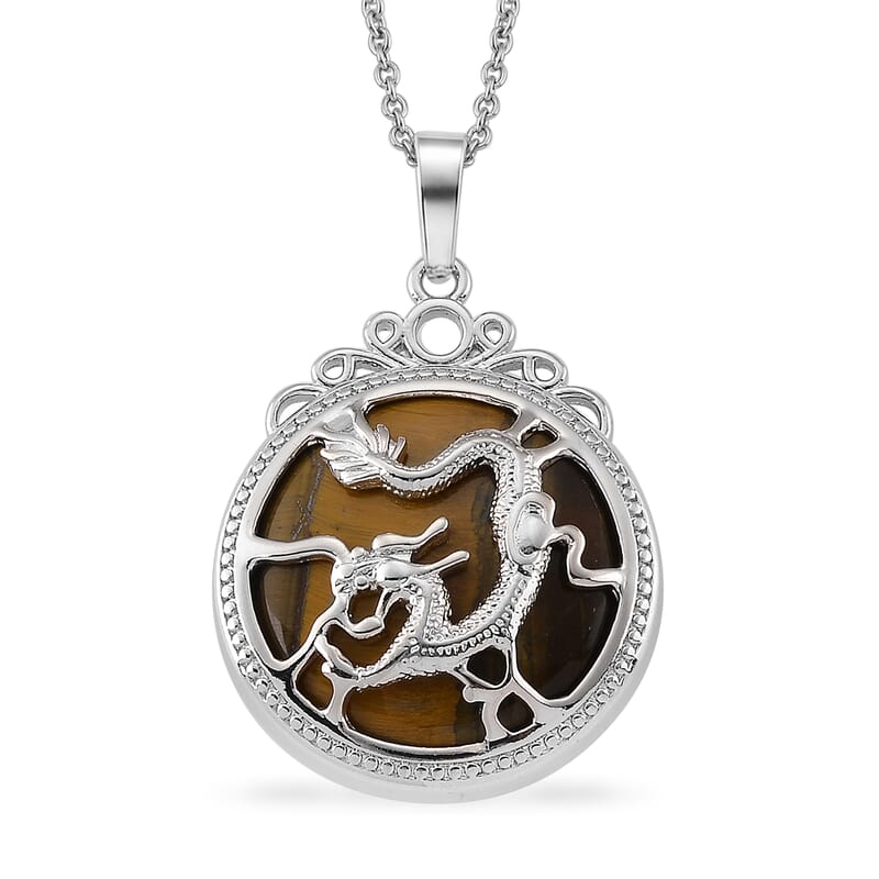 Yellow Tigers Eye 35.00 ctw Pendant in Silvertone with Stainless Steel Necklace 20 Inches