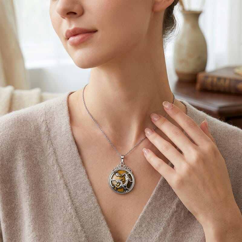 Yellow Tigers Eye 35.00 ctw Pendant in Silvertone with Stainless Steel Necklace 20 Inches