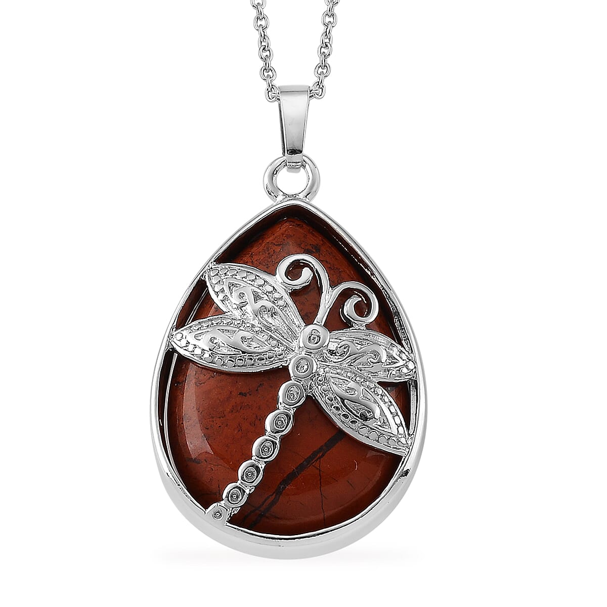 Red Jasper 50.00 ctw Pendant in Silvertone with Stainless Steel Necklace 20 Inches