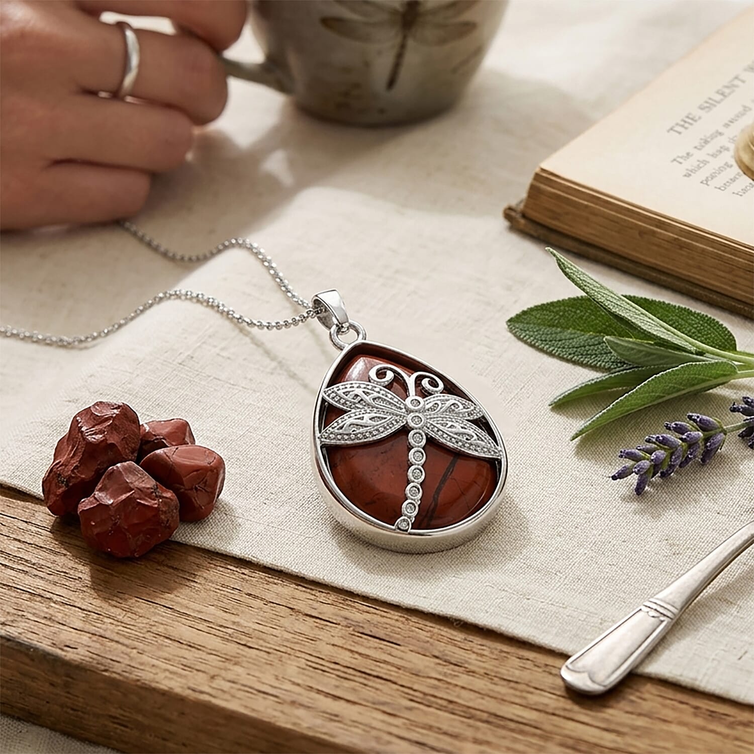 Red Jasper 50.00 ctw Pendant in Silvertone with Stainless Steel Necklace 20 Inches