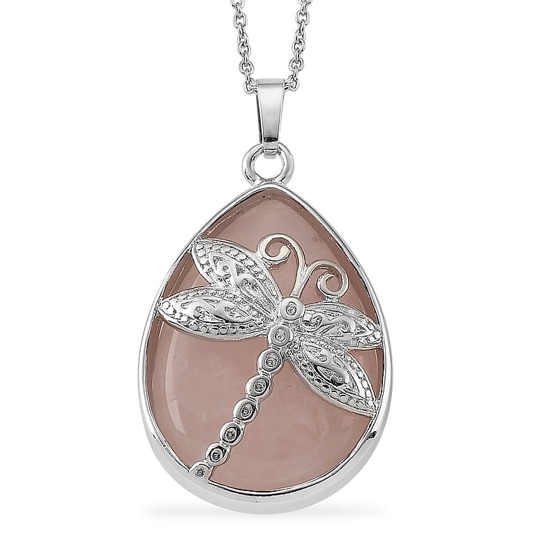 Rose Quartz 50.00 ctw Pendant in Silvertone with Stainless Steel Necklace 20 Inches