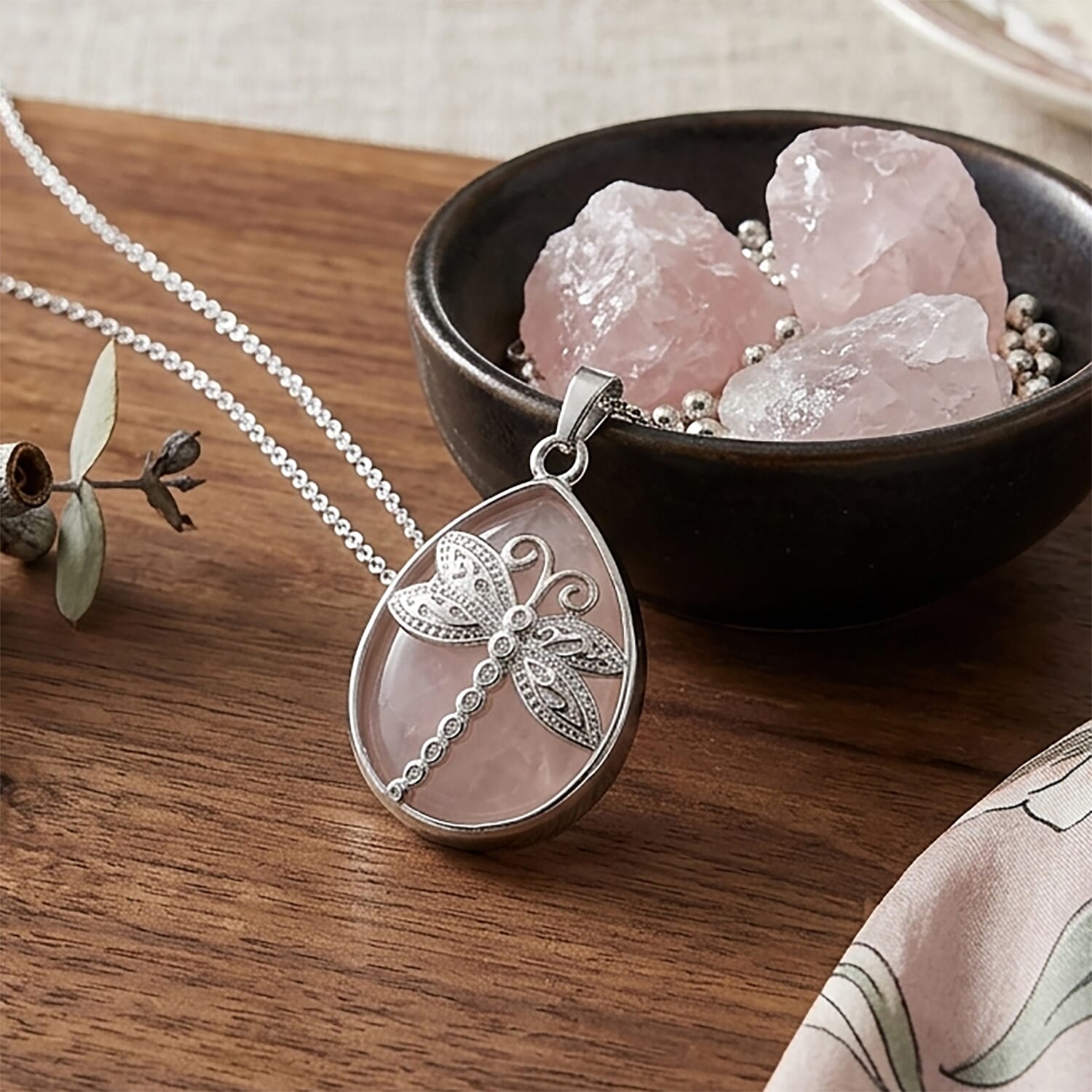 Rose Quartz 50.00 ctw Pendant in Silvertone with Stainless Steel Necklace 20 Inches