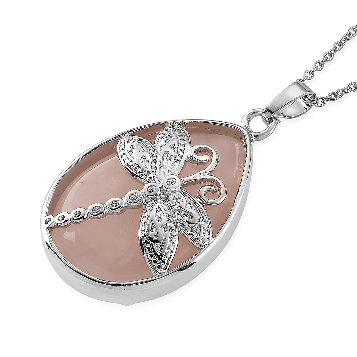 Rose Quartz 50.00 ctw Pendant in Silvertone with Stainless Steel Necklace 20 Inches