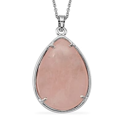 Rose Quartz 50.00 ctw Pendant in Silvertone with Stainless Steel Necklace 20 Inches