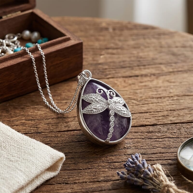 African Amethyst 50.00 ctw Pendant in Silvertone with Stainless Steel Necklace 20 Inches