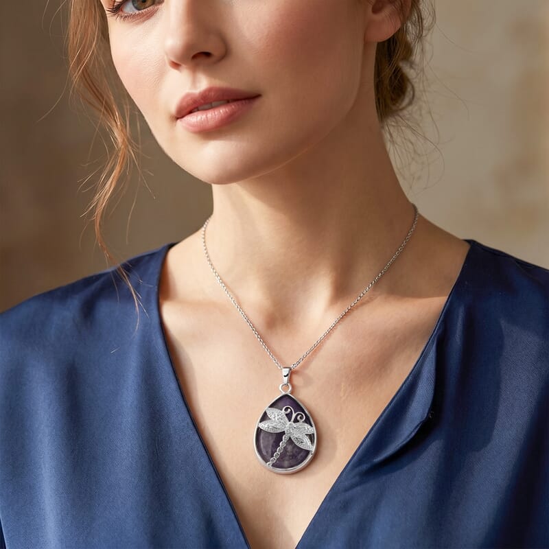 African Amethyst 50.00 ctw Pendant in Silvertone with Stainless Steel Necklace 20 Inches