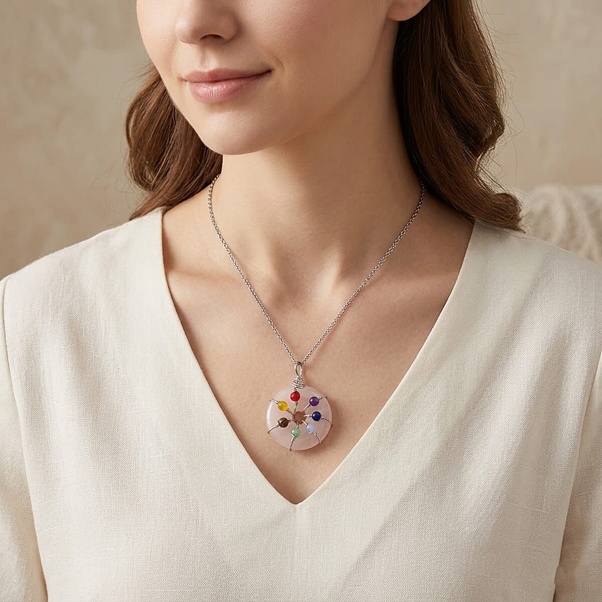 Rose Quartz, Multi Gemstone Pendant in Silvertone with Stainless Steel Necklace (20 Inches) 35.00 ctw image number 2