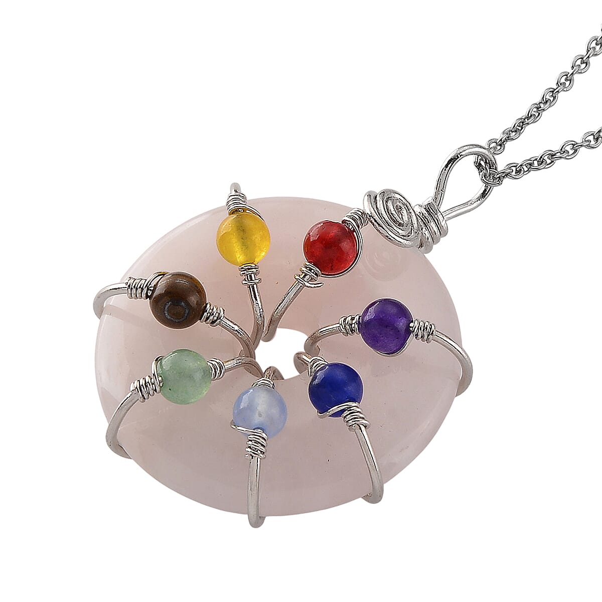 Rose Quartz, Multi Gemstone Pendant in Silvertone with Stainless Steel Necklace (20 Inches) 35.00 ctw image number 3
