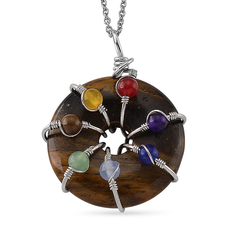 Yellow Tigers Eye and Multi Gemstone 35.00 ctw Pendant in Silvertone with Stainless Steel Necklace 20 Inches