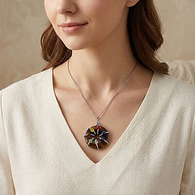 Yellow Tigers Eye and Multi Gemstone 35.00 ctw Pendant in Silvertone with Stainless Steel Necklace 20 Inches