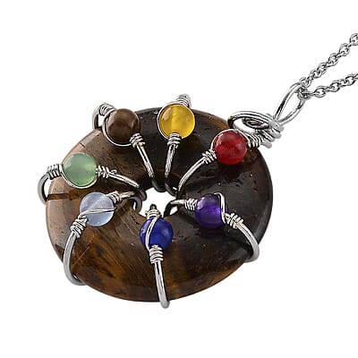 Yellow Tigers Eye and Multi Gemstone 35.00 ctw Pendant in Silvertone with Stainless Steel Necklace 20 Inches