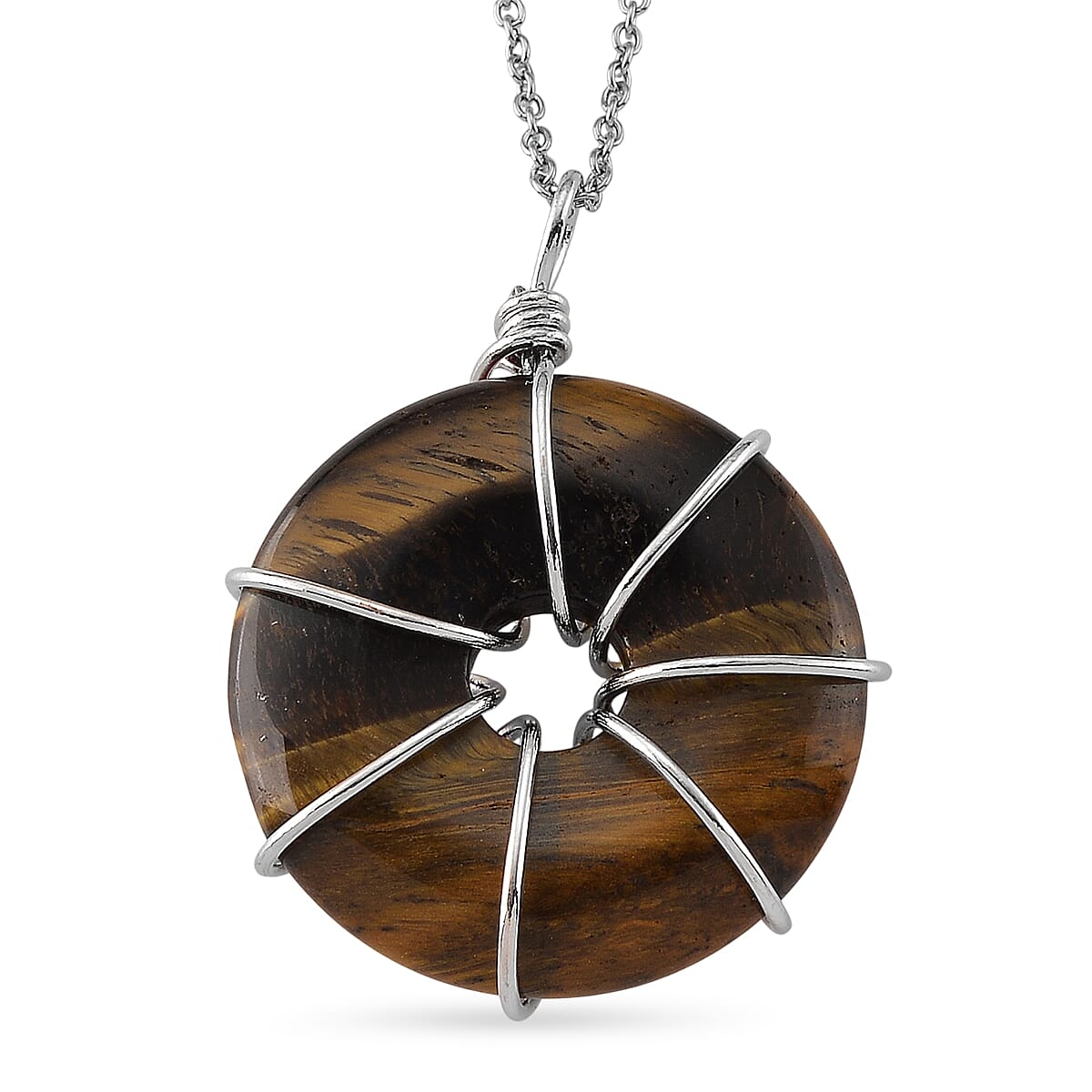 Yellow Tigers Eye and Multi Gemstone 35.00 ctw Pendant in Silvertone with Stainless Steel Necklace 20 Inches