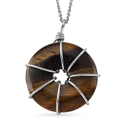 Yellow Tigers Eye and Multi Gemstone 35.00 ctw Pendant in Silvertone with Stainless Steel Necklace 20 Inches