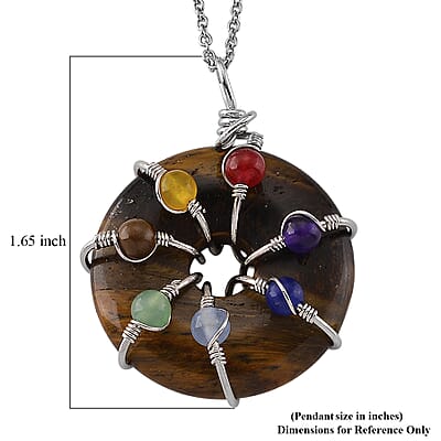 Yellow Tigers Eye and Multi Gemstone 35.00 ctw Pendant in Silvertone with Stainless Steel Necklace 20 Inches