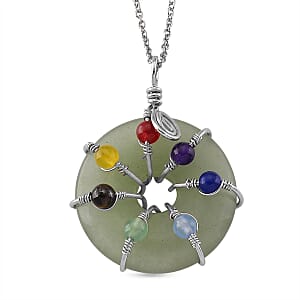 Green Aventurine and Multi Gemstone 35.00 ctw Pendant in Silvertone with Stainless Steel Necklace 20 Inches