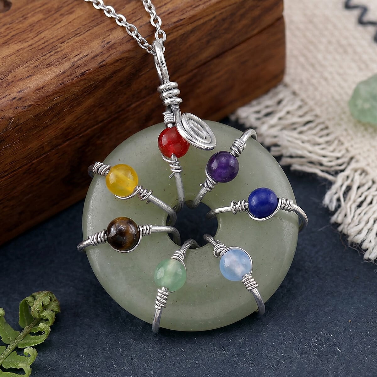 Green Aventurine and Multi Gemstone 35.00 ctw Pendant in Silvertone with Stainless Steel Necklace 20 Inches image number 1