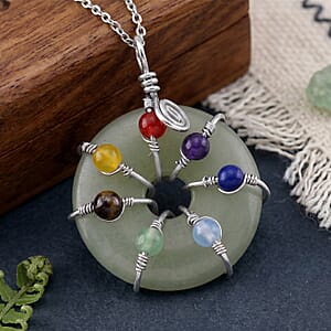 Green Aventurine and Multi Gemstone 35.00 ctw Pendant in Silvertone with Stainless Steel Necklace 20 Inches