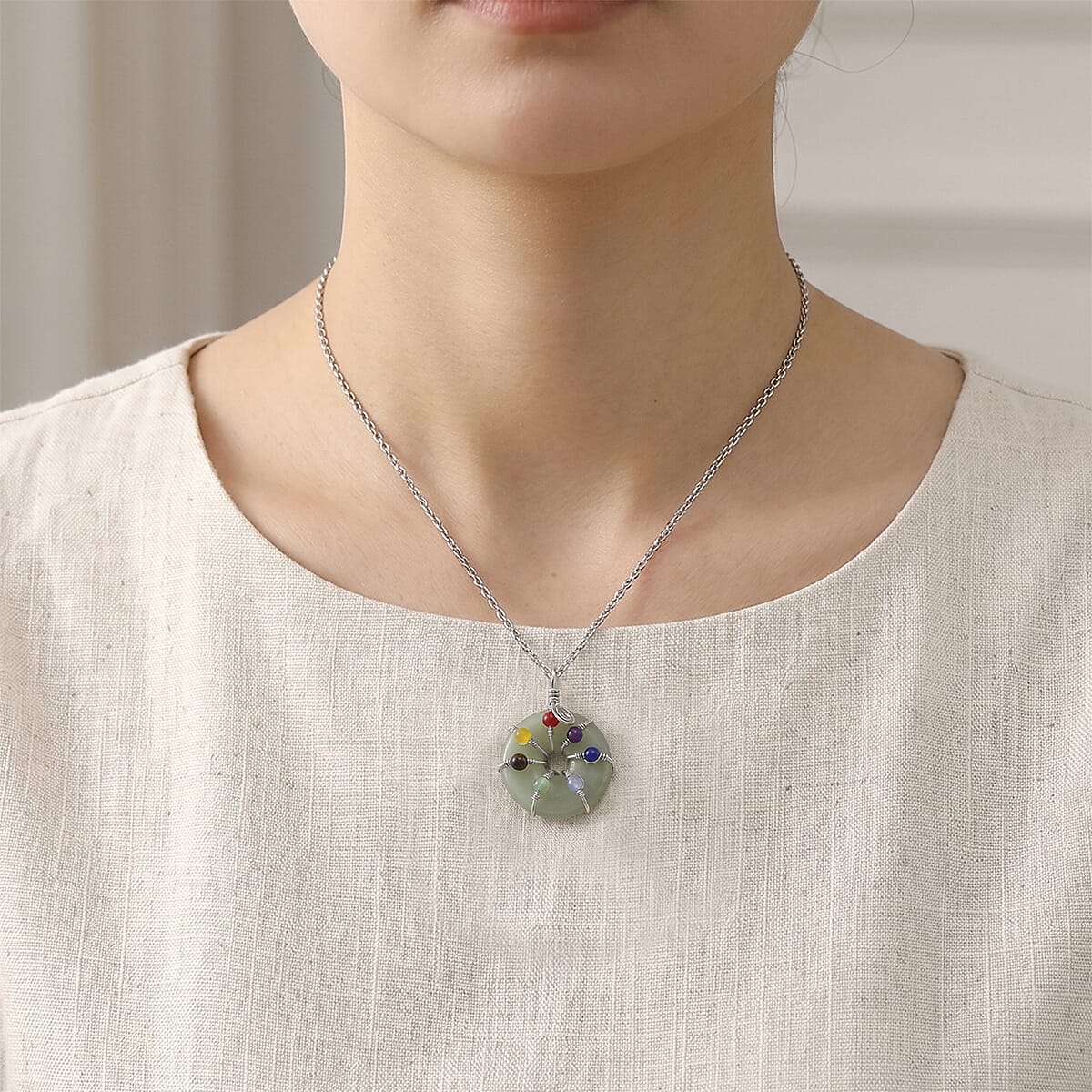 Green Aventurine and Multi Gemstone 35.00 ctw Pendant in Silvertone with Stainless Steel Necklace 20 Inches image number 2