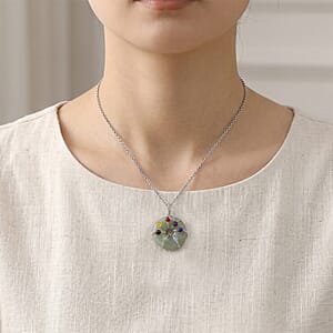 Green Aventurine and Multi Gemstone 35.00 ctw Pendant in Silvertone with Stainless Steel Necklace 20 Inches