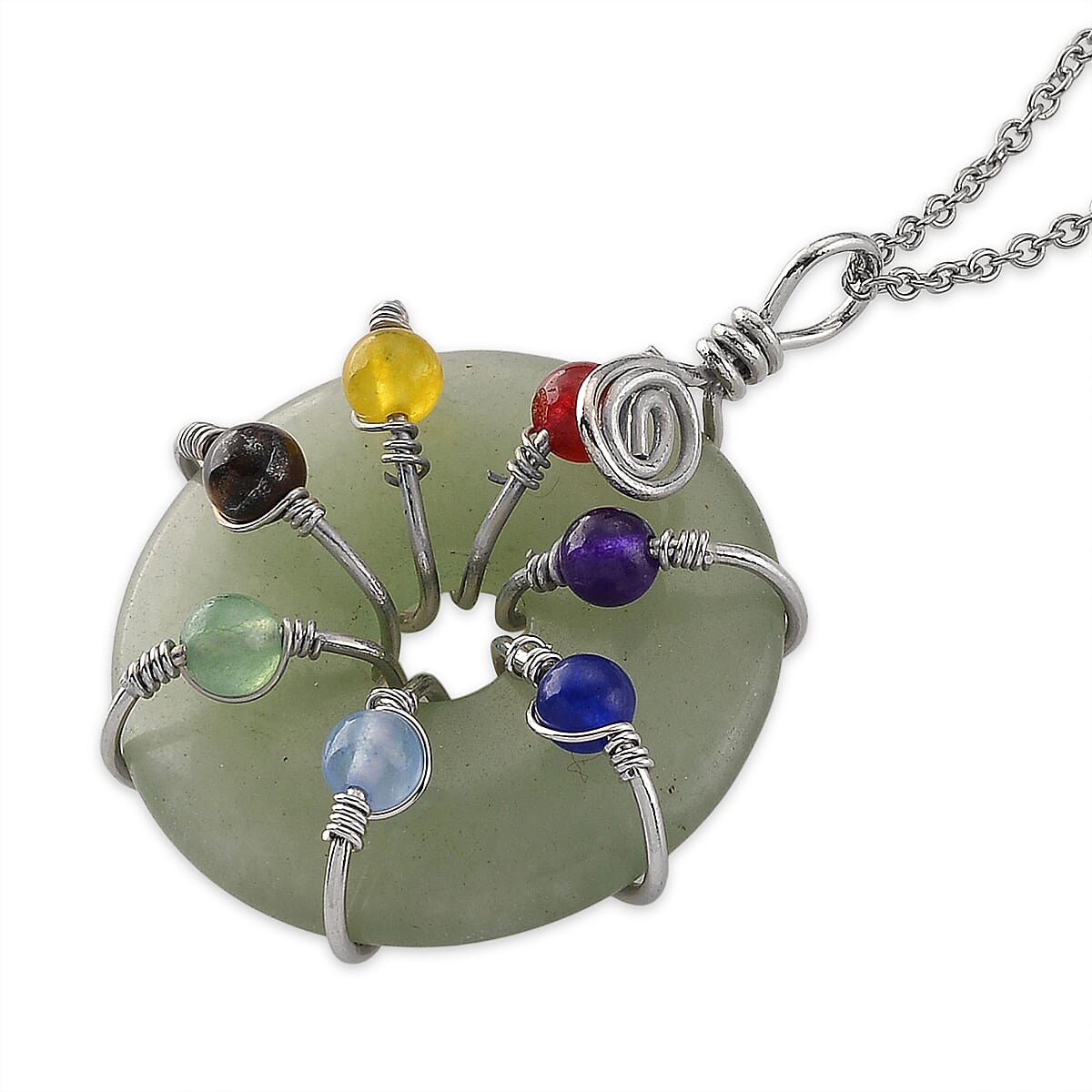Green Aventurine and Multi Gemstone 35.00 ctw Pendant in Silvertone with Stainless Steel Necklace 20 Inches image number 3