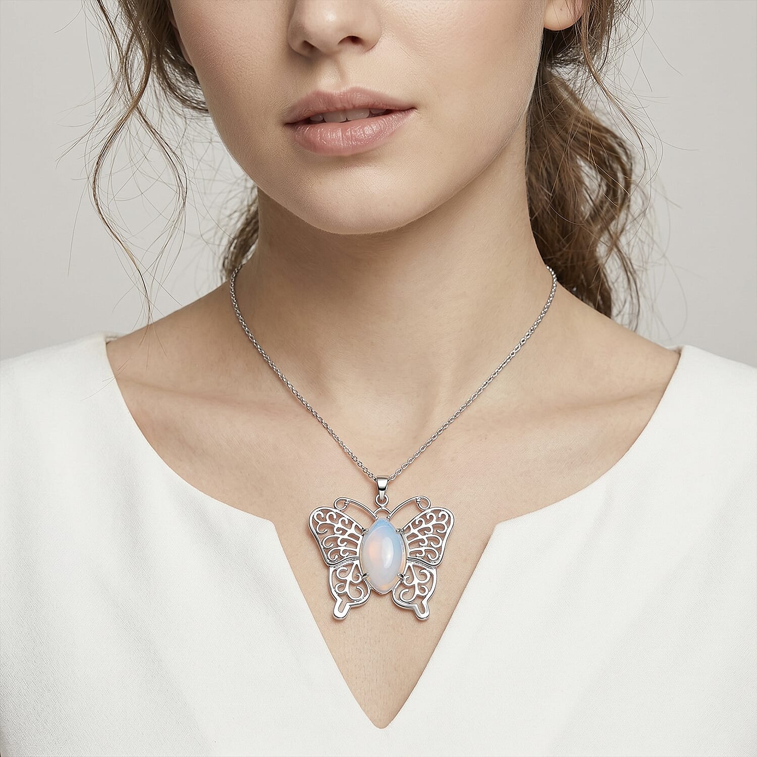 Opalite 23.00 ctw Pendant in Silvertone with Stainless Steel Necklace 20 Inches