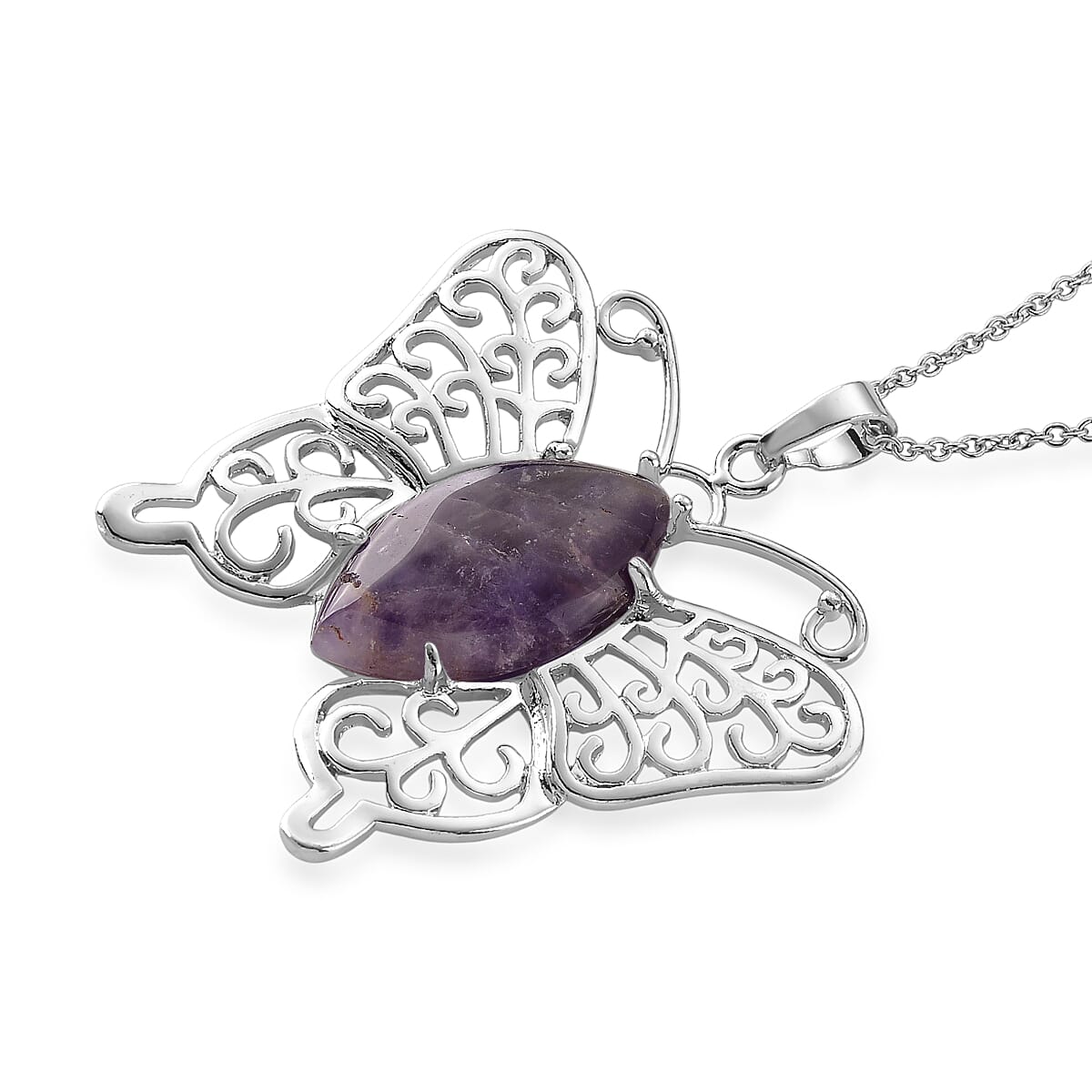 African Amethyst 23.00 ctw Pendant in Silvertone with Stainless Steel Necklace 20 Inches