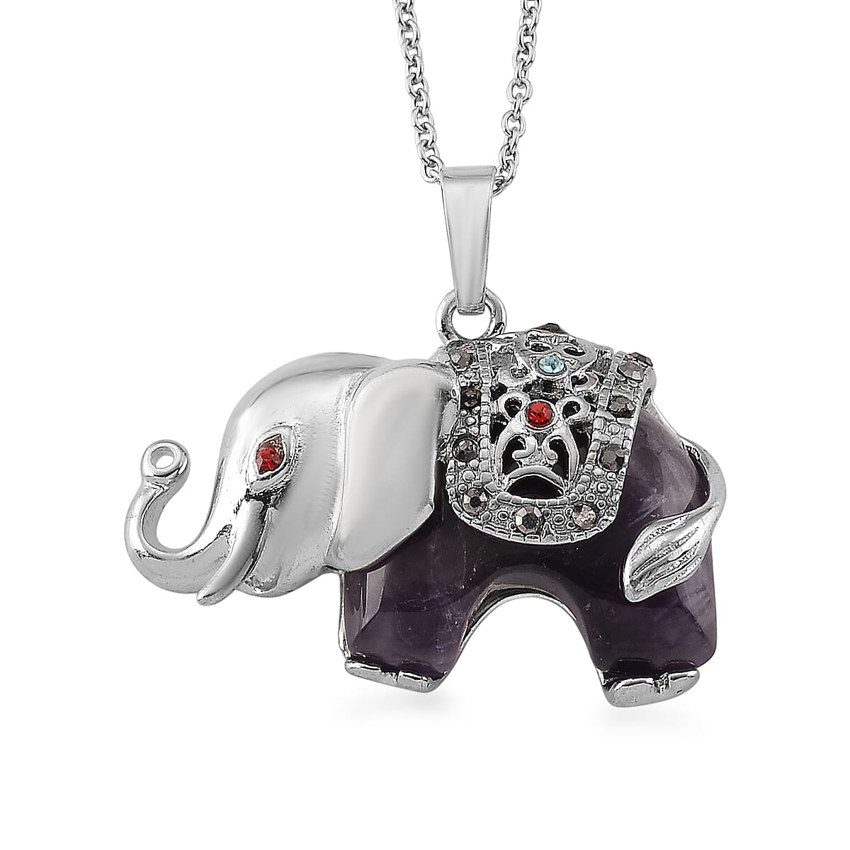 African Amethyst and Multi Color Austrian Crystal 20.00 ctw Pendant in Silvertone with Stainless Steel Necklace 20 Inches