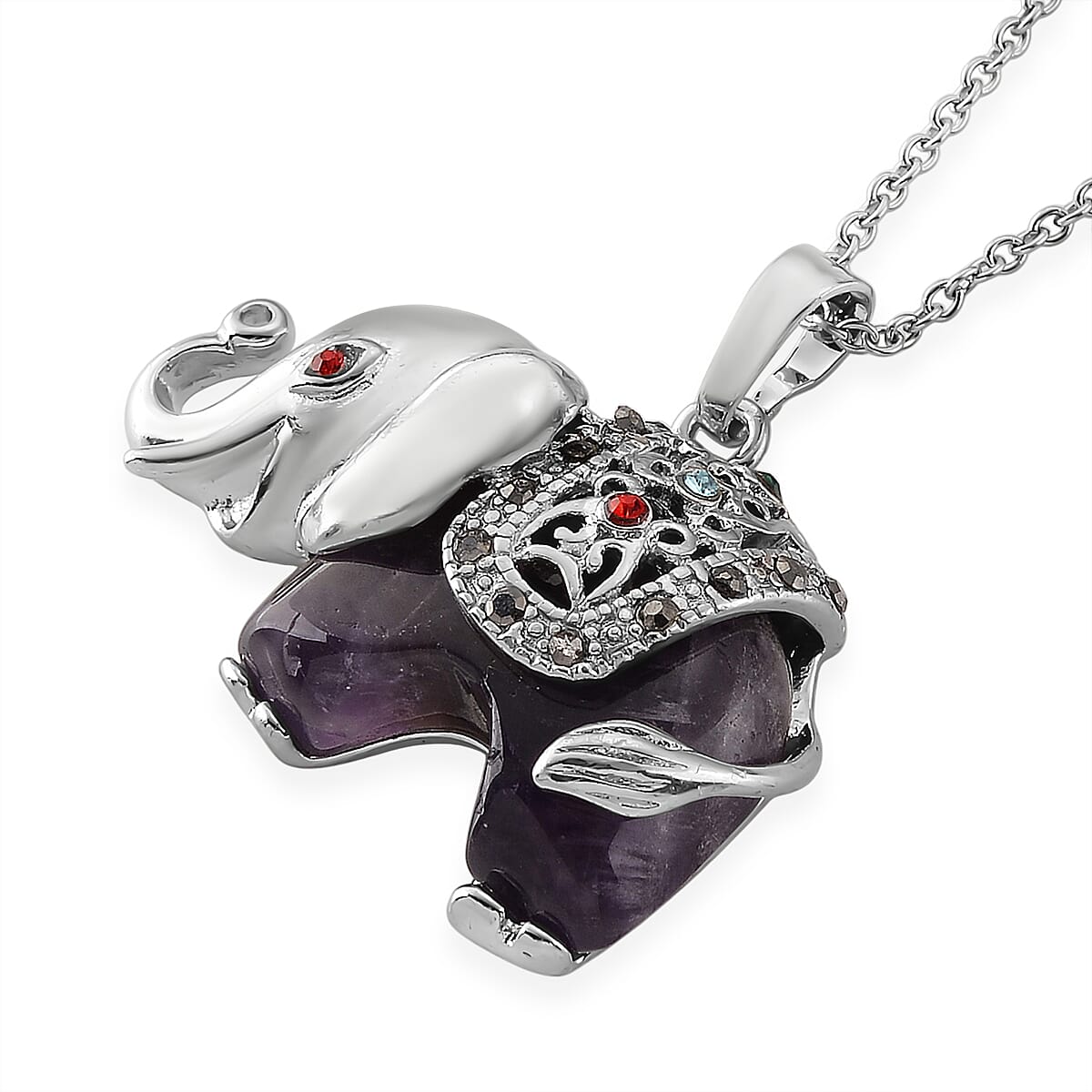 African Amethyst and Multi Color Austrian Crystal 20.00 ctw Pendant in Silvertone with Stainless Steel Necklace 20 Inches