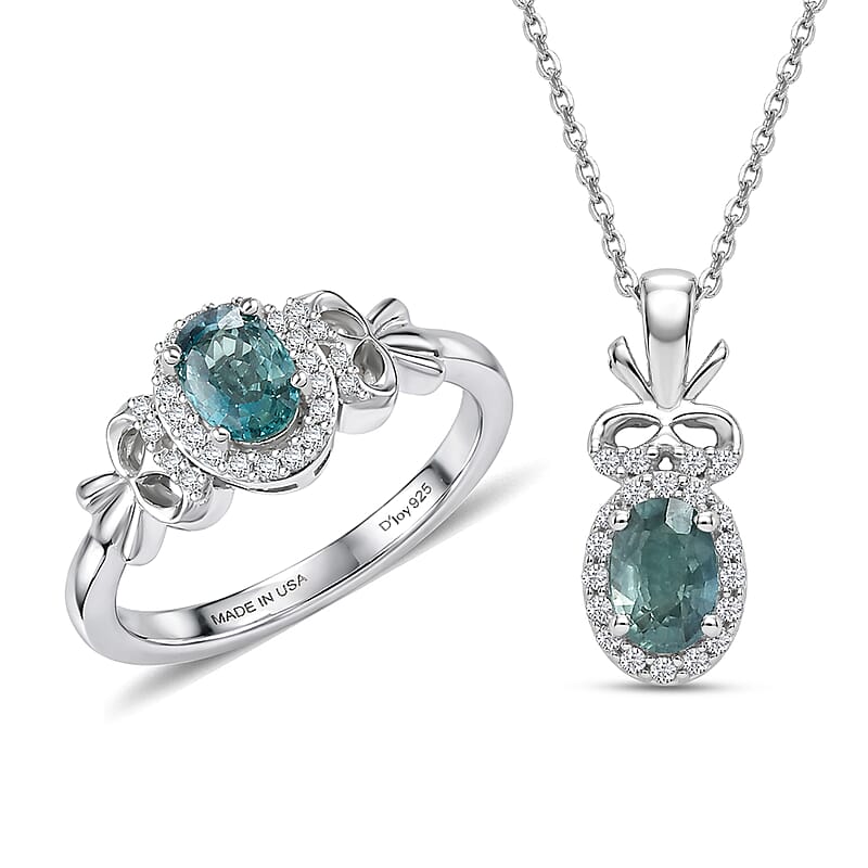 D'Joy Montana Sapphire and White Zircon 1.85 ctw Sky Radiance Statement Ring (Size 6.0) and Pendant Necklace 20 Inches in Rhodium Over Sterling Silver