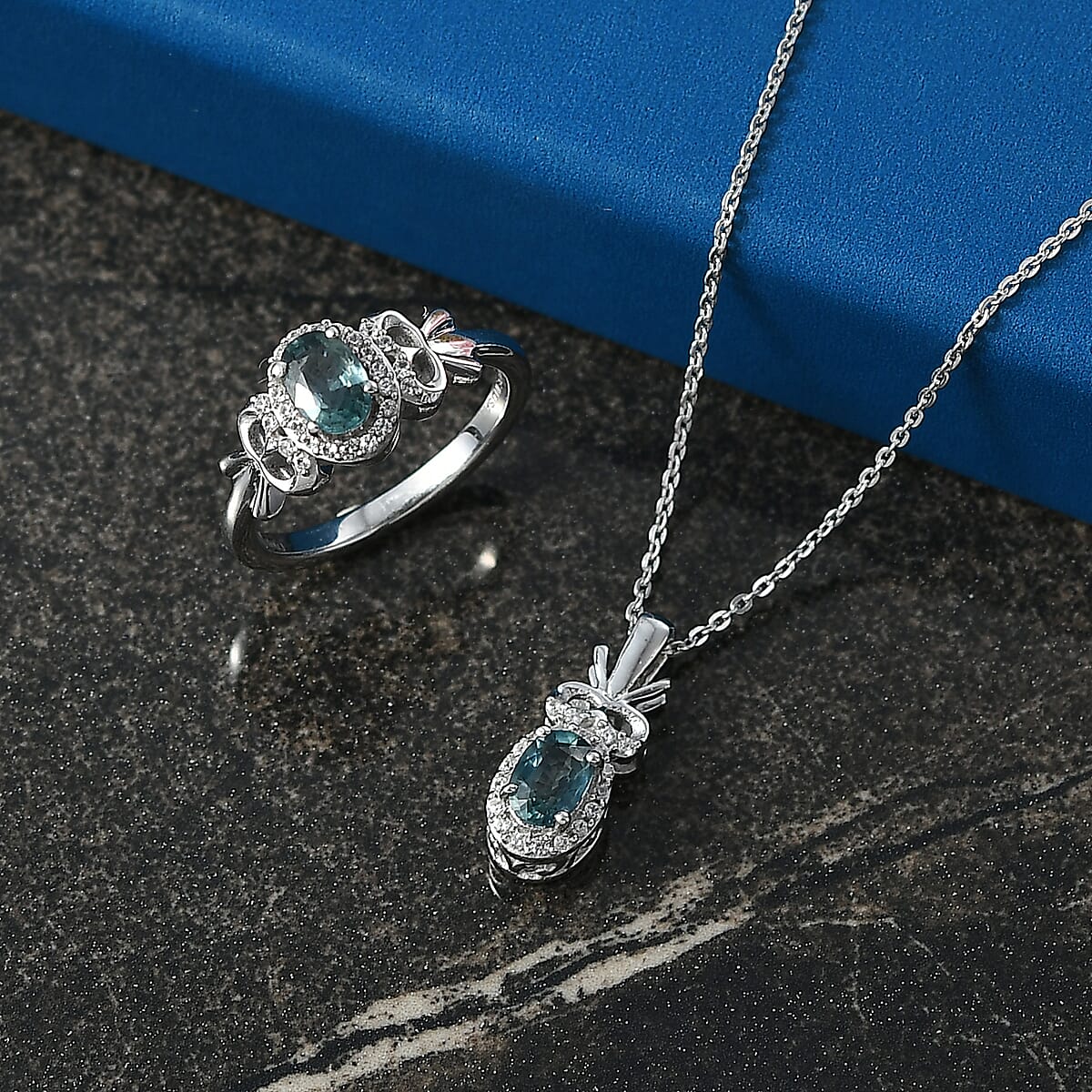 D'Joy Montana Sapphire and White Zircon 1.85 ctw Sky Radiance Statement Ring (Size 6.0) and Pendant Necklace 20 Inches in Rhodium Over Sterling Silver (Del. in 8-10 Days) image number 1