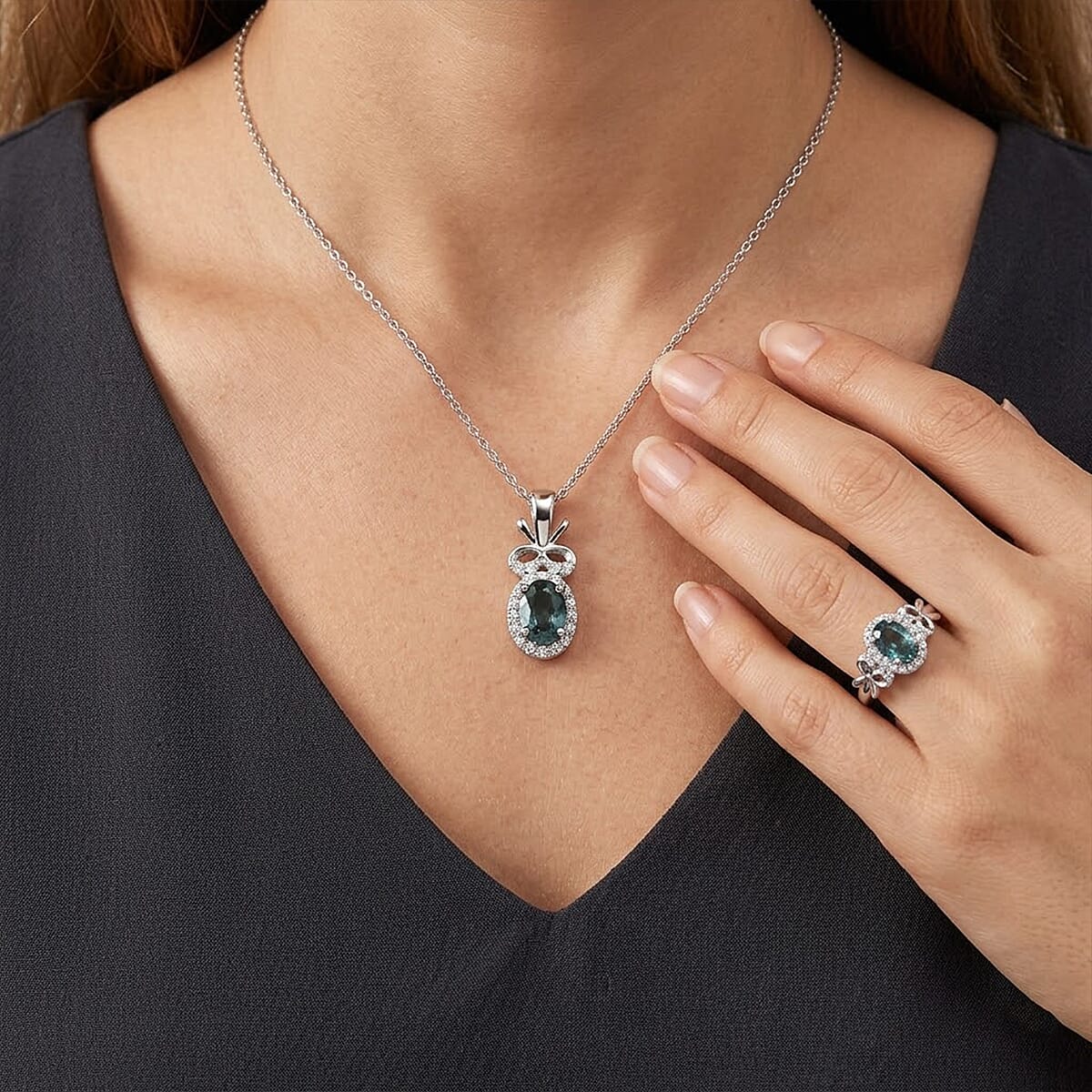 D'Joy Montana Sapphire and White Zircon 1.85 ctw Sky Radiance Statement Ring (Size 6.0) and Pendant Necklace 20 Inches in Rhodium Over Sterling Silver (Del. in 8-10 Days) image number 2