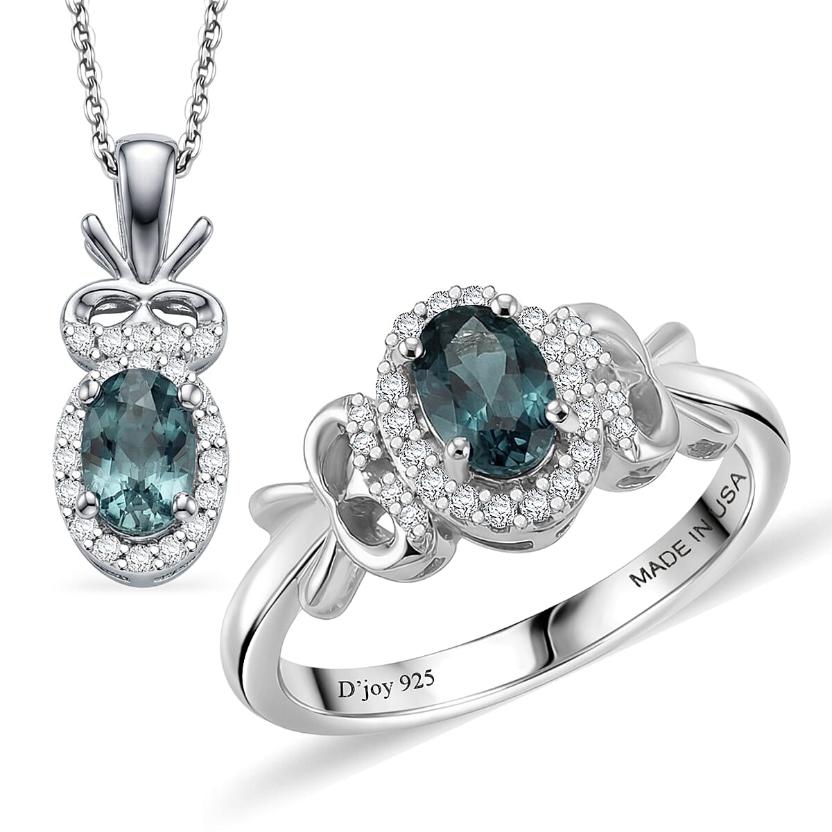 D'Joy Montana Sapphire and White Zircon 1.85 ctw Sky Radiance Statement Ring (Size 7) and Pendant Necklace 20 Inches in Rhodium Over Sterling Silver