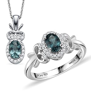 D'Joy Montana Sapphire and White Zircon 1.85 ctw Sky Radiance Statement Ring (Size 7) and Pendant Necklace 20 Inches in Rhodium Over Sterling Silver