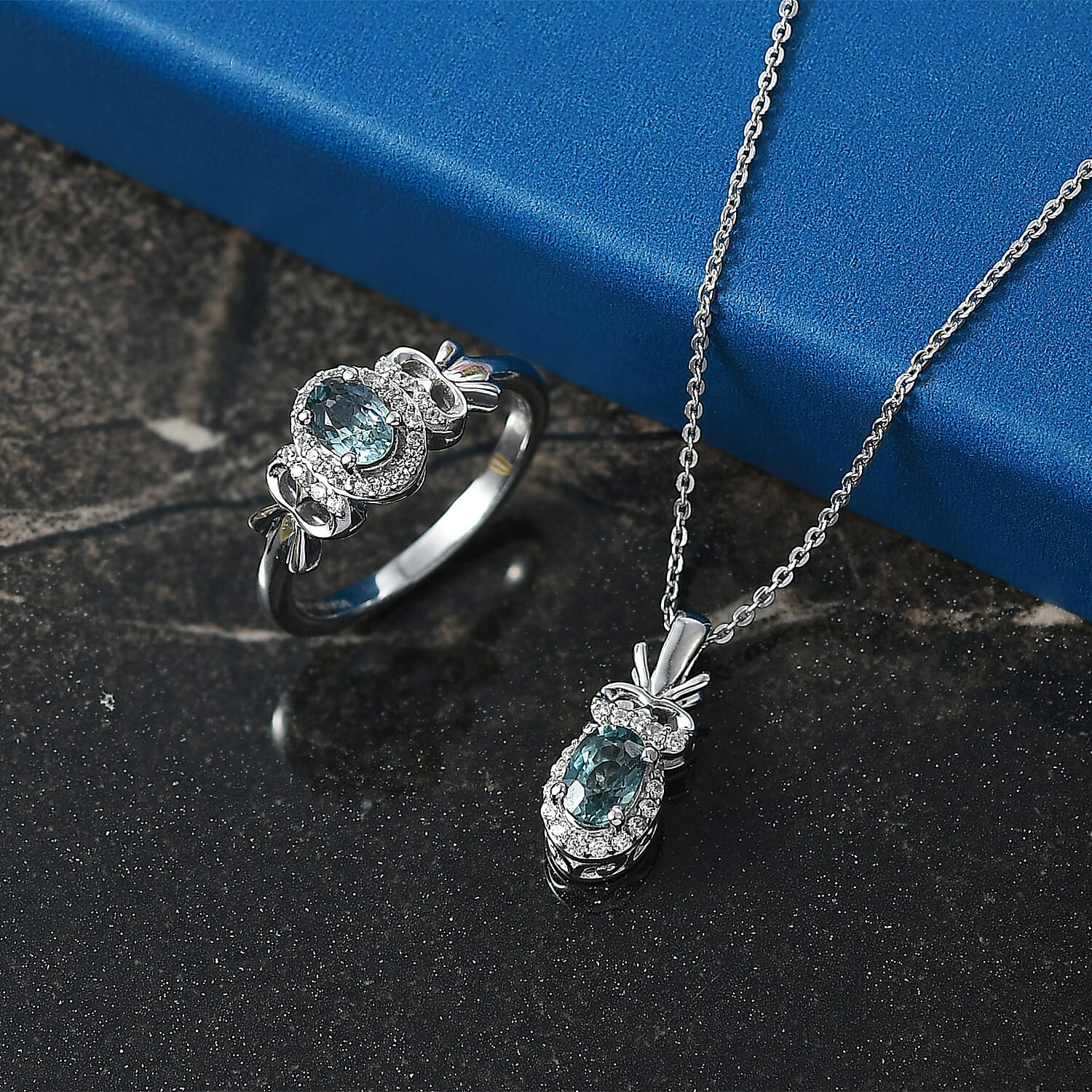 D'Joy Montana Sapphire and White Zircon 1.85 ctw Sky Radiance Statement Ring (Size 7) and Pendant Necklace 20 Inches in Rhodium Over Sterling Silver