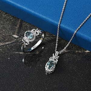 D'Joy Montana Sapphire and White Zircon 1.85 ctw Sky Radiance Statement Ring (Size 7) and Pendant Necklace 20 Inches in Rhodium Over Sterling Silver