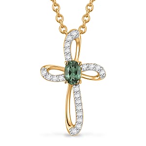 D'Joy Montana Sapphire and White Zircon 0.60 ctw Classic Cross Pendant in 18K Vermeil Yellow Gold Over Sterling Silver with ION Plated YG Stainless Steel Necklace 20 Inches (Del. in 8-10 Days)