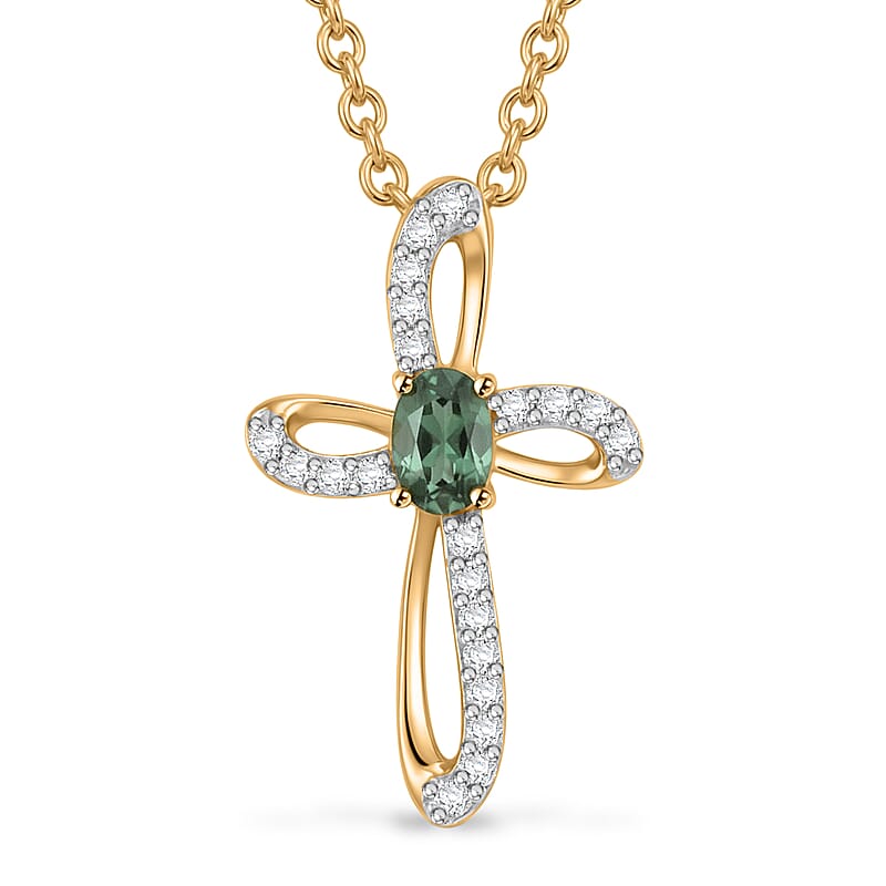 D'Joy Montana Sapphire and White Zircon 0.60 ctw Classic Cross Pendant in 18K Vermeil Yellow Gold Over Sterling Silver with ION Plated YG Stainless Steel Necklace 20 Inches