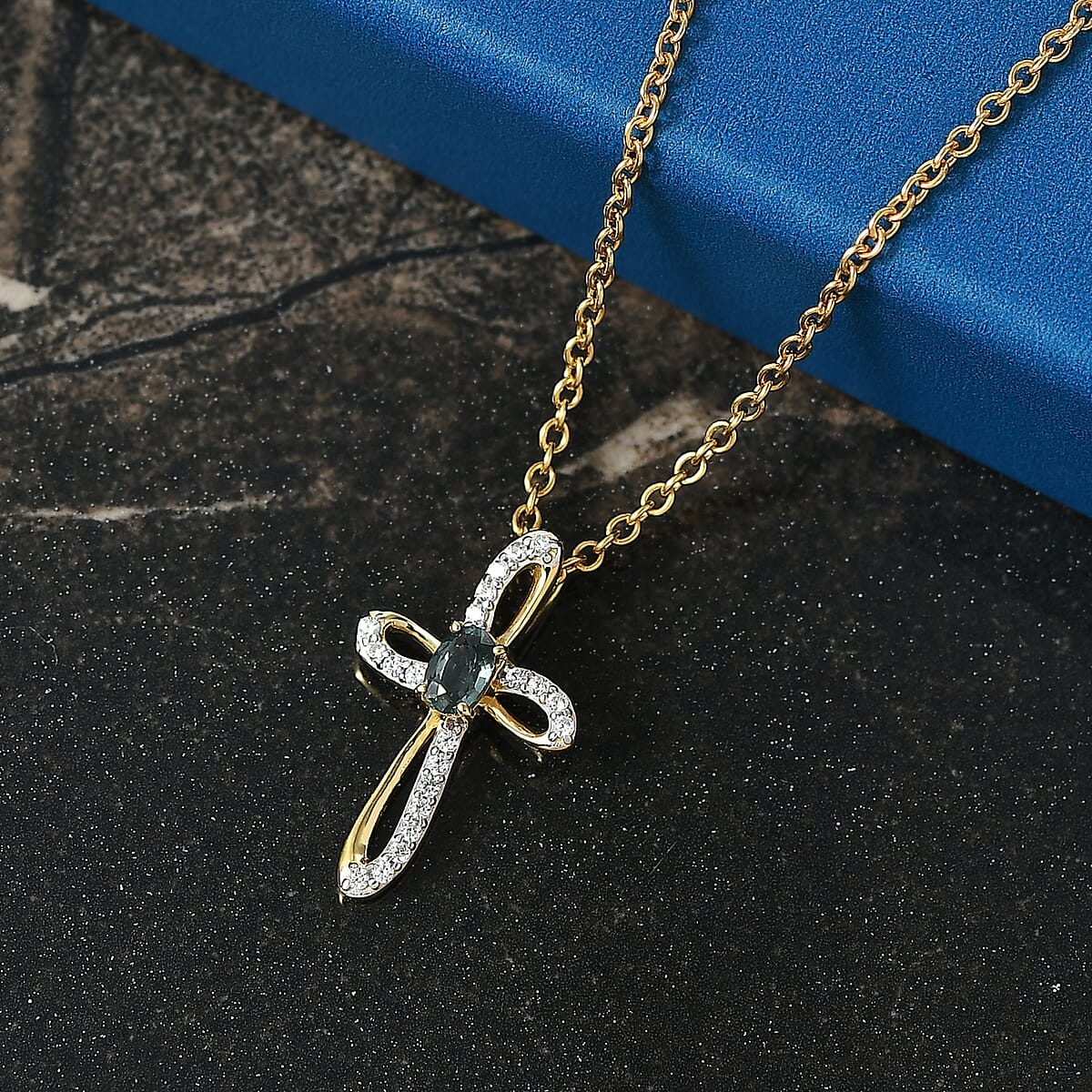 D'Joy Montana Sapphire and White Zircon 0.60 ctw Classic Cross Pendant in 18K Vermeil Yellow Gold Over Sterling Silver with ION Plated YG Stainless Steel Necklace 20 Inches (Del. in 8-10 Days) image number 1