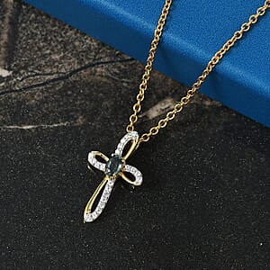 D'Joy Montana Sapphire and White Zircon 0.60 ctw Classic Cross Pendant in 18K Vermeil Yellow Gold Over Sterling Silver with ION Plated YG Stainless Steel Necklace 20 Inches (Del. in 8-10 Days)