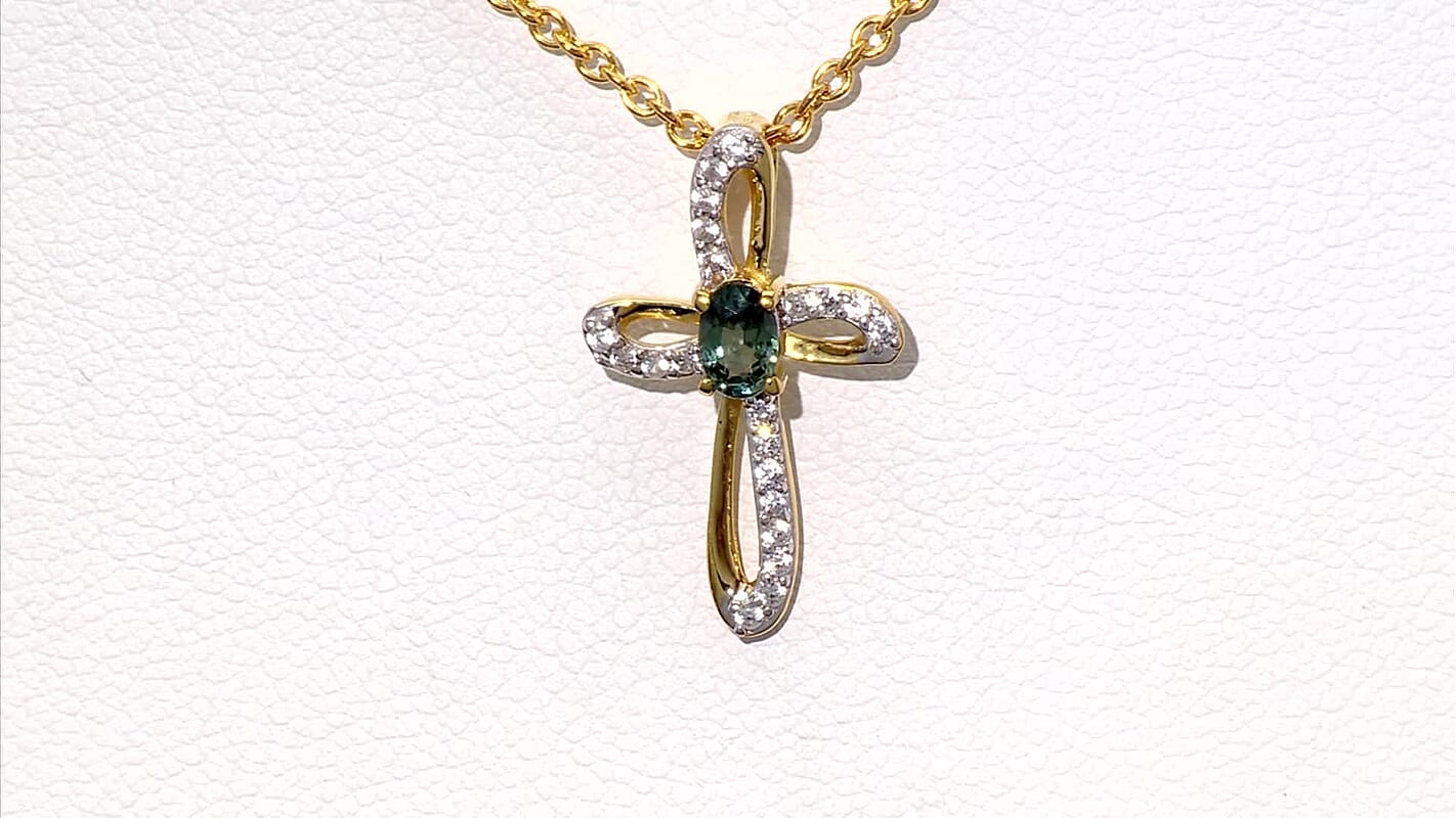 D'Joy Montana Sapphire and White Zircon 0.60 ctw Classic Cross Pendant in 18K Vermeil Yellow Gold Over Sterling Silver with ION Plated YG Stainless Steel Necklace 20 Inches