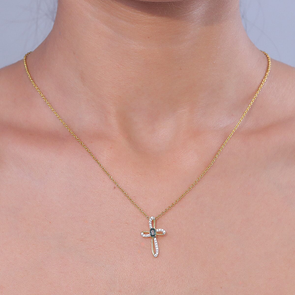 D'Joy Montana Sapphire and White Zircon 0.60 ctw Classic Cross Pendant in 18K Vermeil Yellow Gold Over Sterling Silver with ION Plated YG Stainless Steel Necklace 20 Inches (Del. in 8-10 Days) image number 2