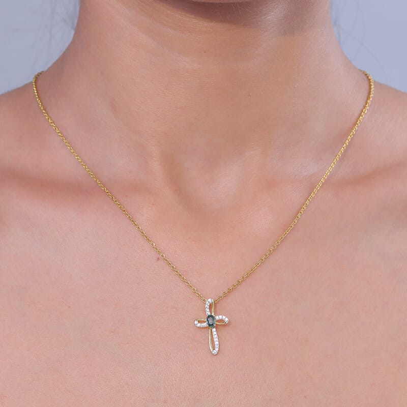 D'Joy Montana Sapphire and White Zircon 0.60 ctw Classic Cross Pendant in 18K Vermeil Yellow Gold Over Sterling Silver with ION Plated YG Stainless Steel Necklace 20 Inches