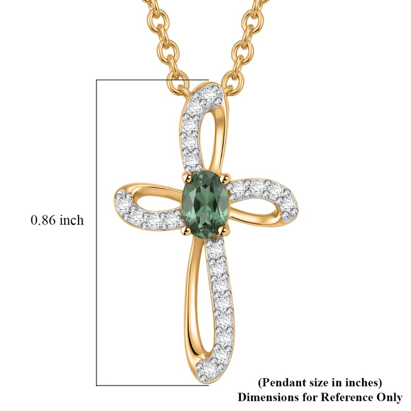 D'Joy Montana Sapphire and White Zircon 0.60 ctw Classic Cross Pendant in 18K Vermeil Yellow Gold Over Sterling Silver with ION Plated YG Stainless Steel Necklace 20 Inches