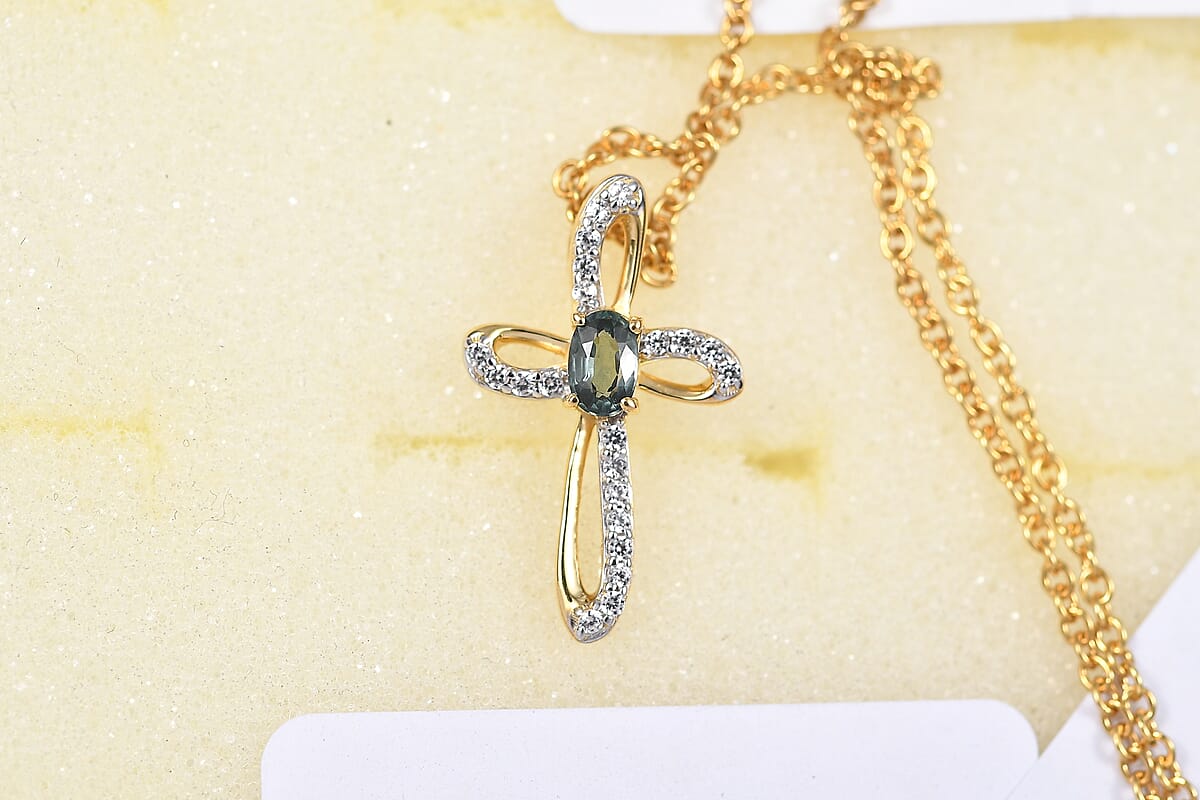 D'Joy Montana Sapphire and White Zircon 0.60 ctw Classic Cross Pendant in 18K Vermeil Yellow Gold Over Sterling Silver with ION Plated YG Stainless Steel Necklace 20 Inches (Del. in 8-10 Days) image number 6