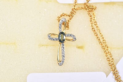 D'Joy Montana Sapphire and White Zircon 0.60 ctw Classic Cross Pendant in 18K Vermeil Yellow Gold Over Sterling Silver with ION Plated YG Stainless Steel Necklace 20 Inches