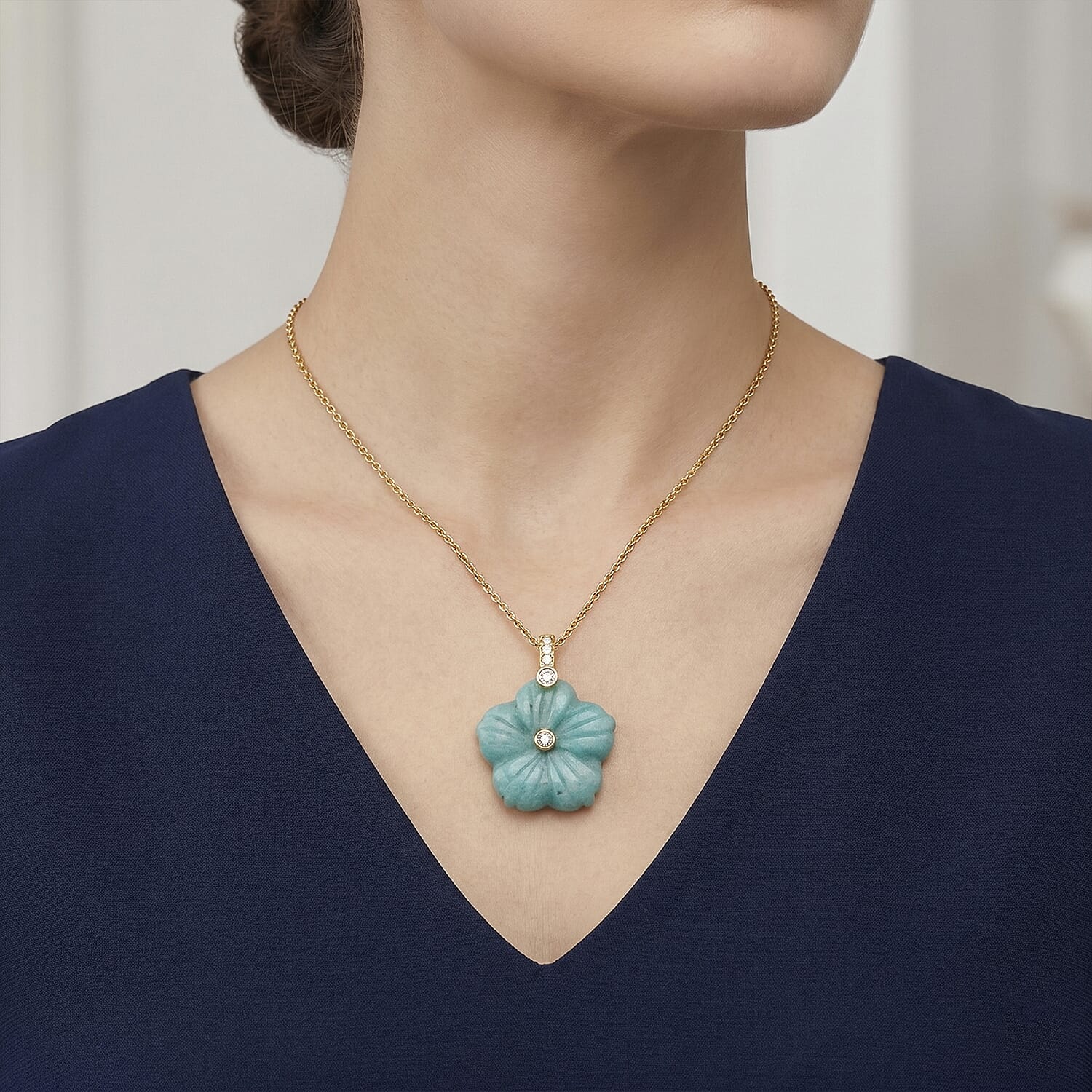 Amazonite and Austrian Crystal 25.00 ctw Pendant in Goldtone with ION Plated YG Stainless Steel Necklace 20 Inches